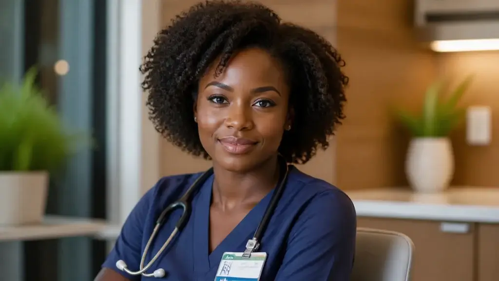 Black registered nurse in Ontario smiling in a clinic, exploring the RN psychotherapist role
