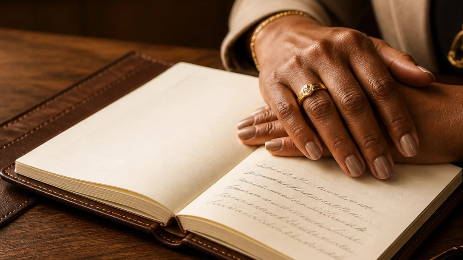 A clinician's composed hands resting on an open notebook in a warmly lit consulting room.