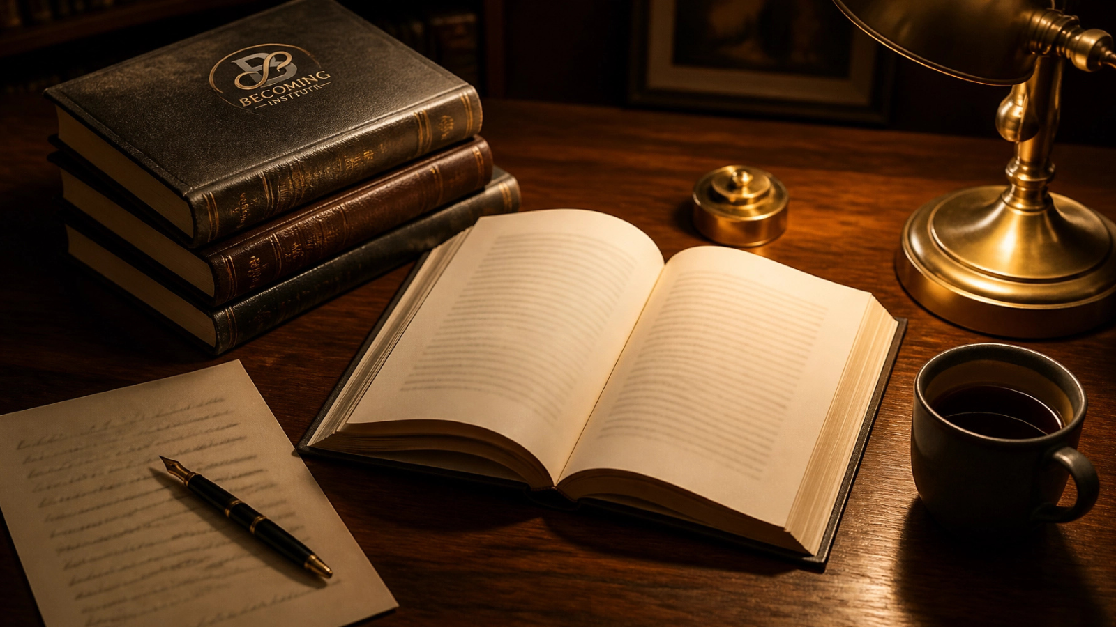 A scholar's desk with leather-bound books, open journal, handwritten notes, and a brass lamp.