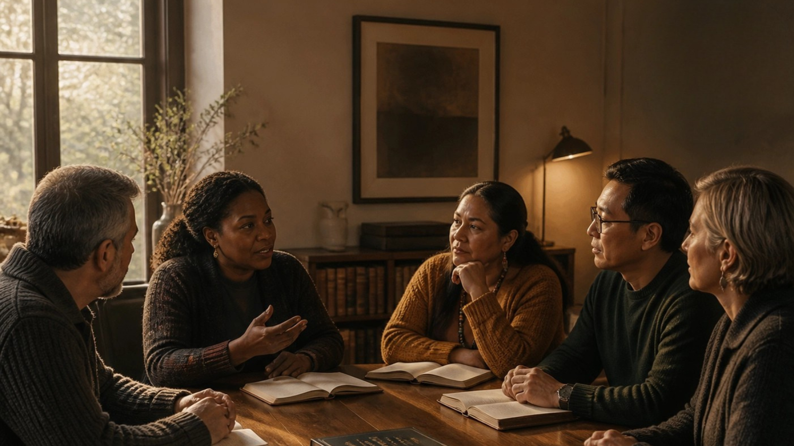 A learning circle of diverse Canadian clinicians around a warm wooden table in soft natural light.