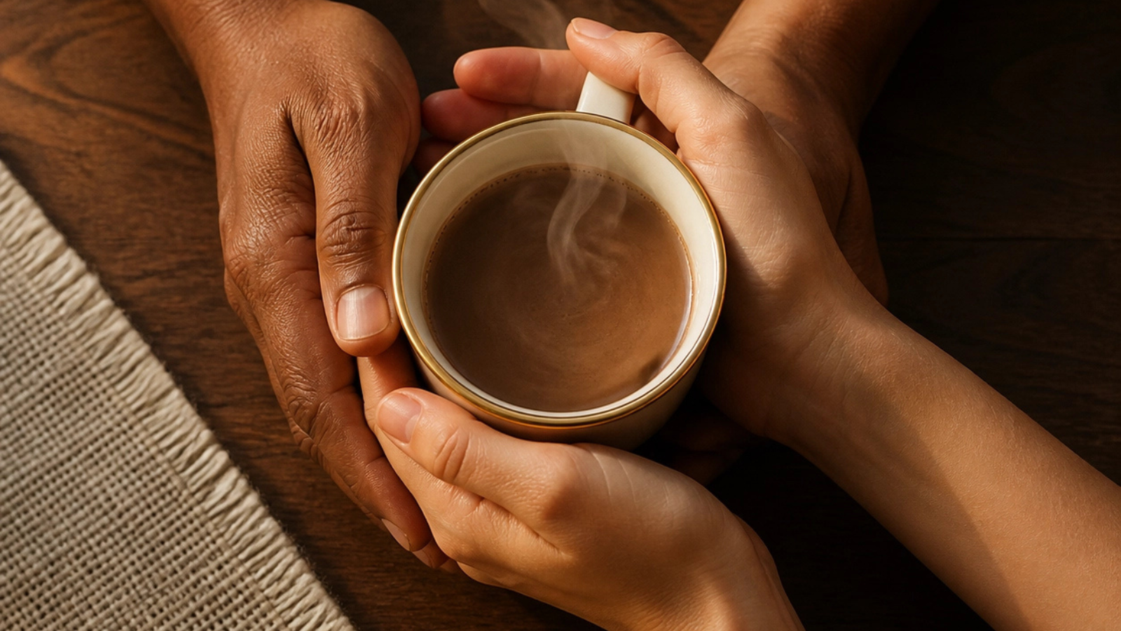 Two hands of different skin tones cradling a single ceramic cup of tea across a wooden table.