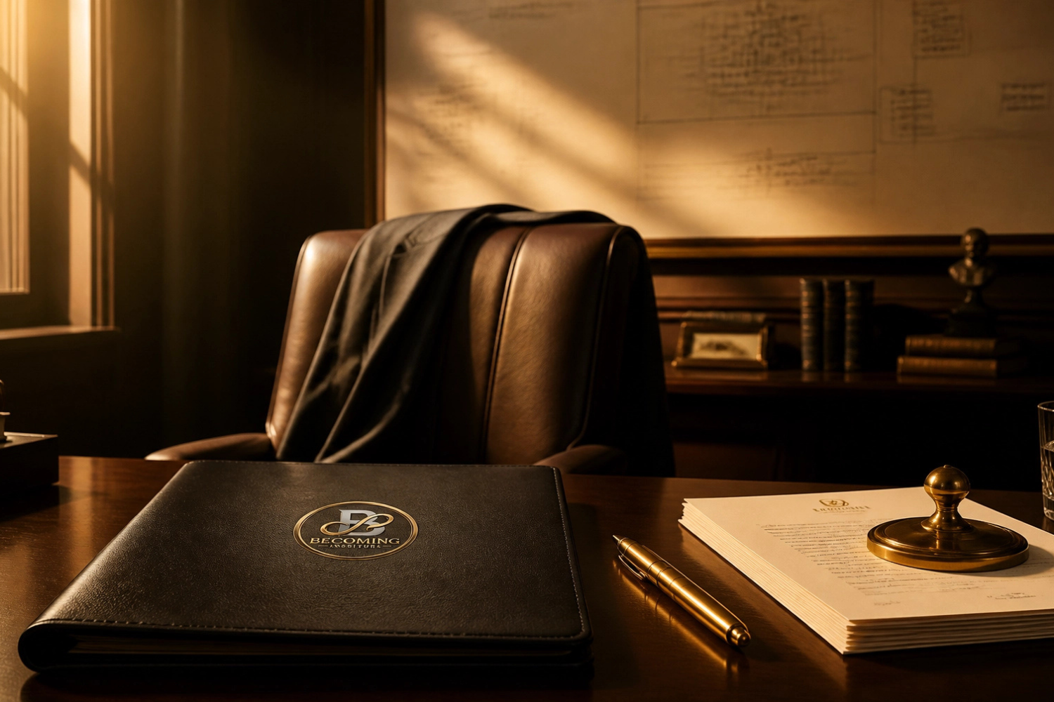 A senior leadership desk with a leather Becoming Institute portfolio binder, brass paperweight, fountain pen, and a faint organizational schematic on the wall