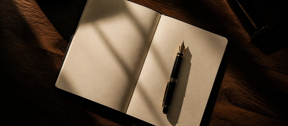 Open notebook with fountain pen in warm window light