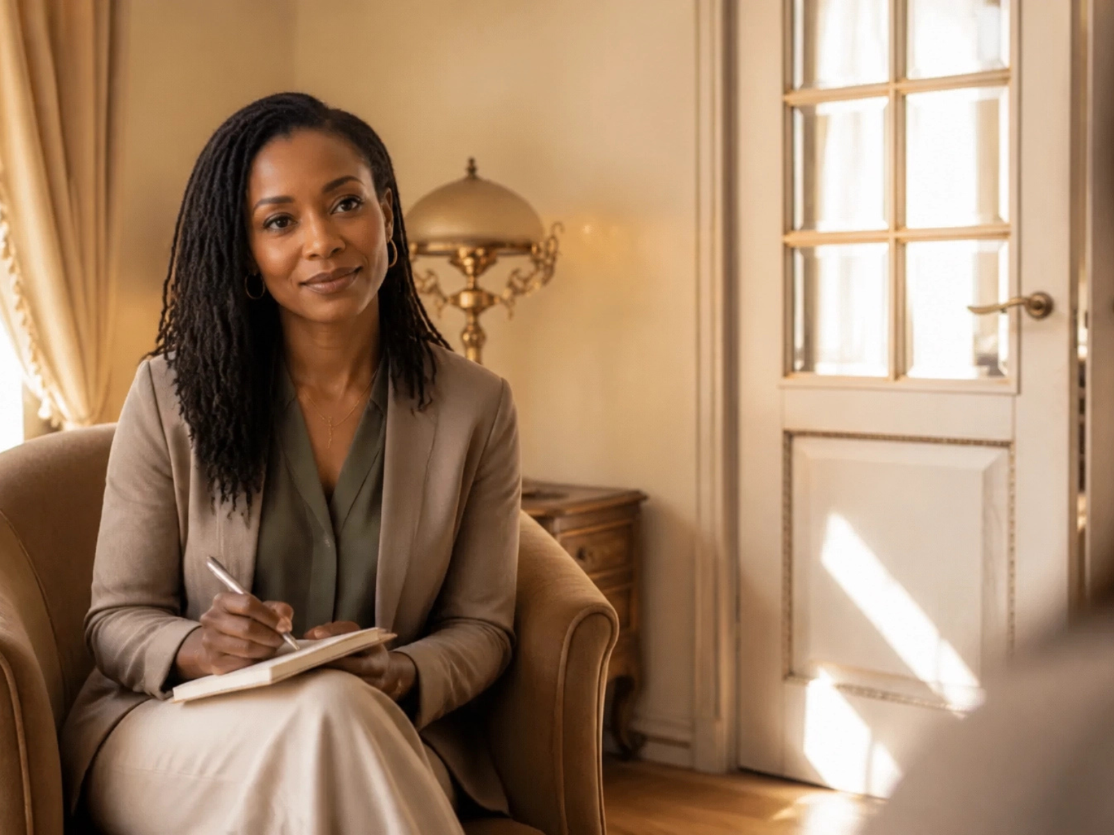 A clinician in a warm therapy room holding a journal — representing the dual-credentialed Nurse Psychotherapist trained in the Becoming Method®.