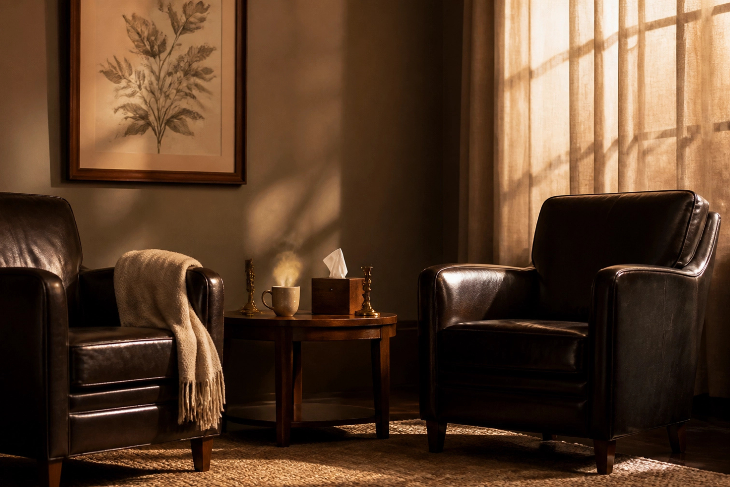 A psychotherapy consulting room with two leather chairs facing each other, a side table with a steaming mug and tissue box, soft gold light through linen curtains