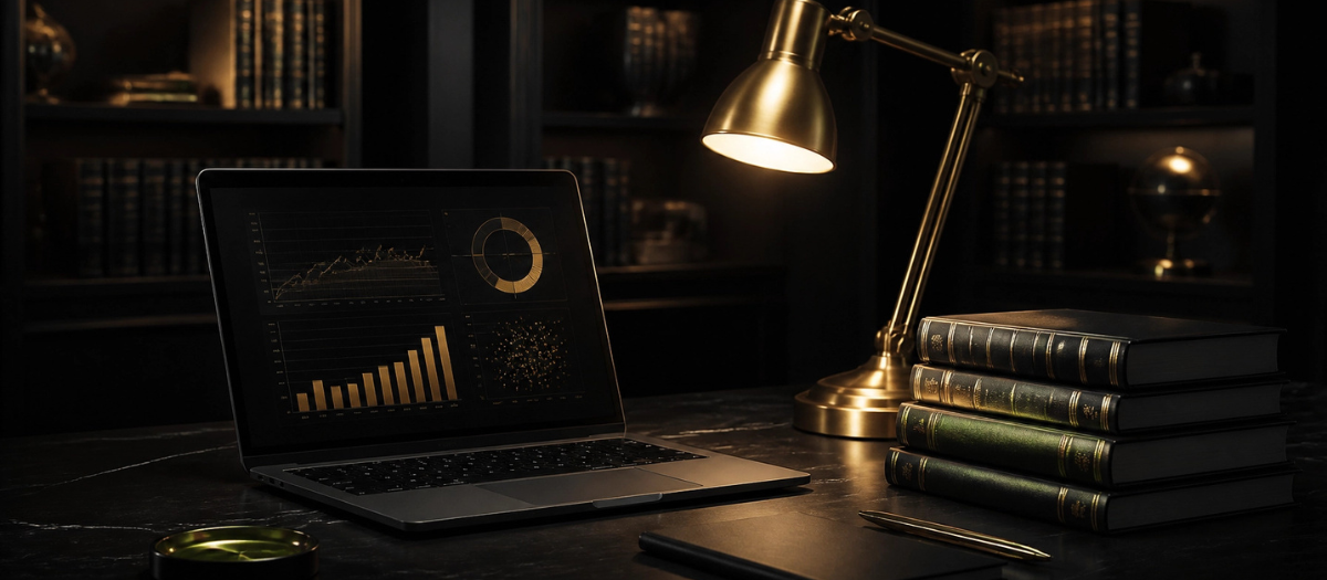 Laptop with research dashboards beside a brass lamp and stacked journals