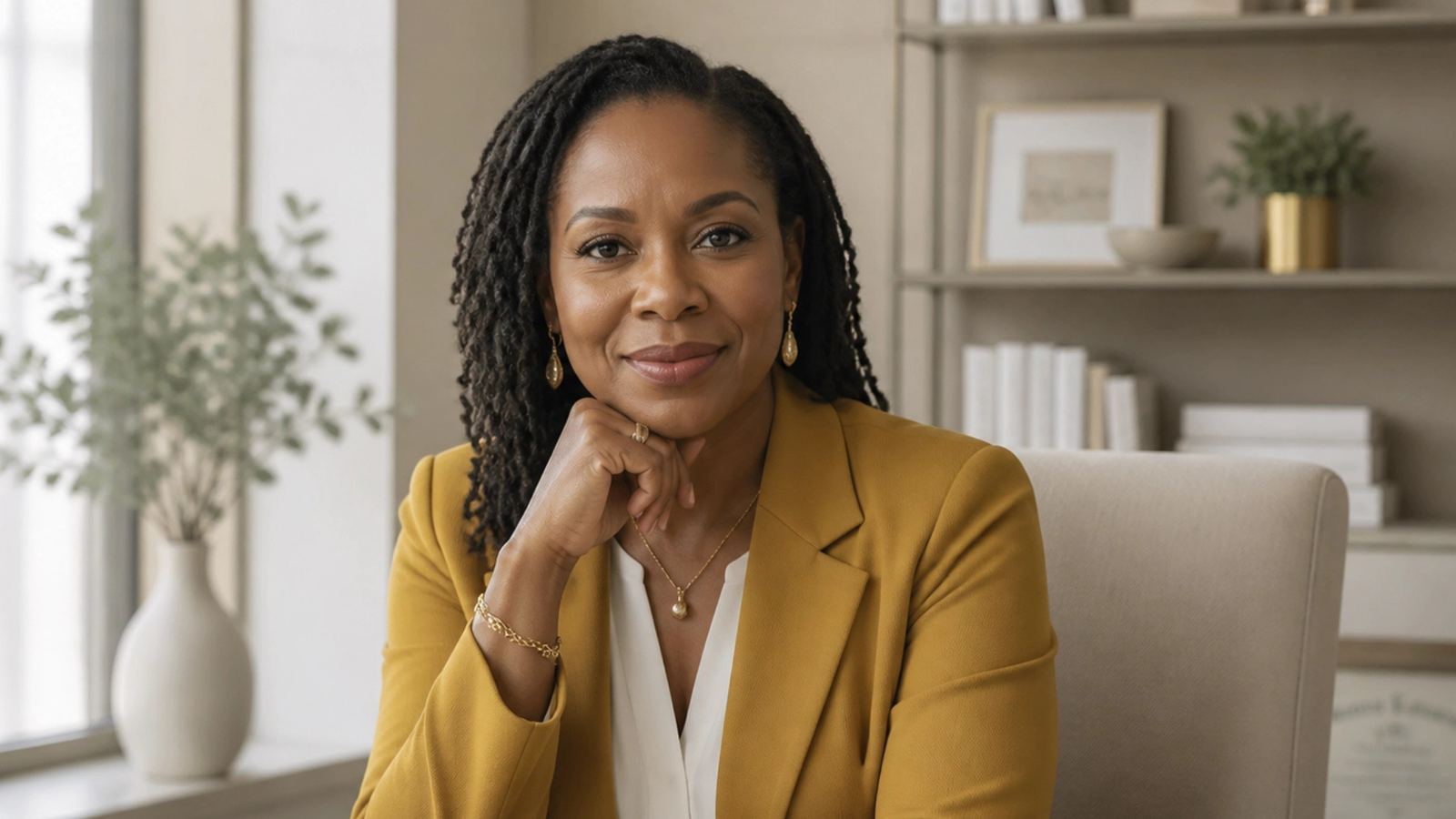 A composed Black woman in a warm gold blazer seated in a serene office — representing the calm, attuned clinical presence trained in the Becoming Method®.