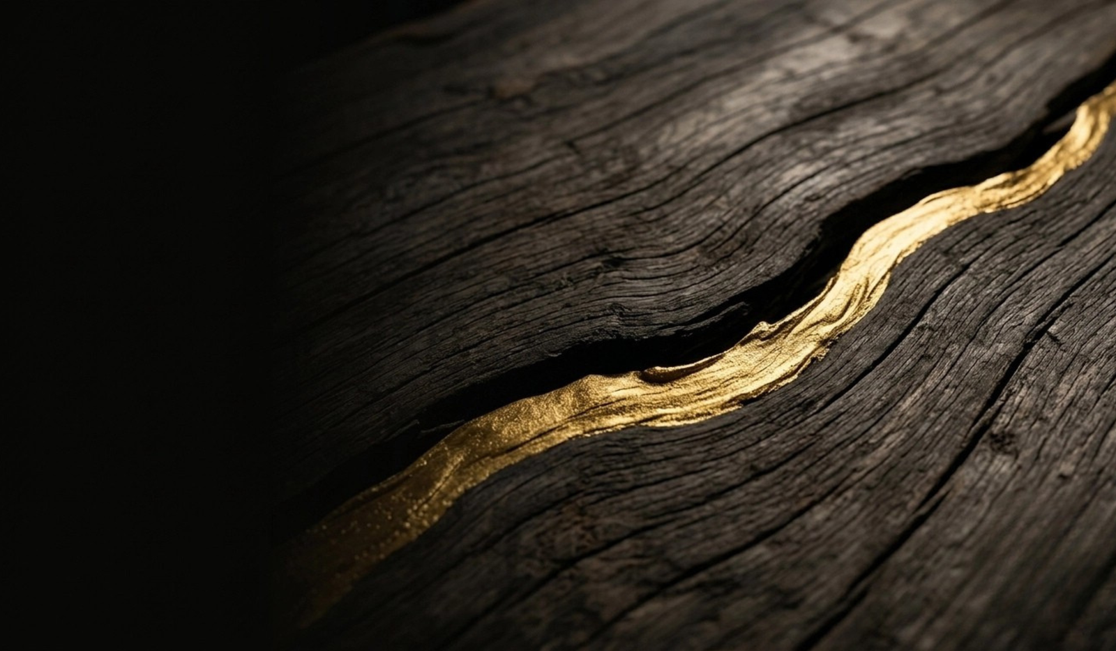 Gold vein running through dark wood grain