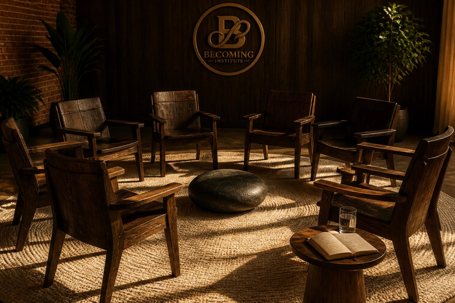 A circle of heavy wooden chairs around a stone anchor on a woven rug, with the Becoming Institute medallion on the wood-panelled wall behind