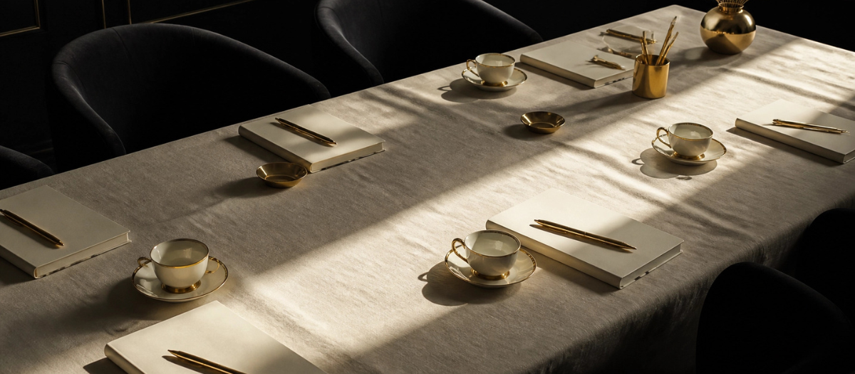 Long convening table set with notebooks, gold pens, and tea cups in warm light