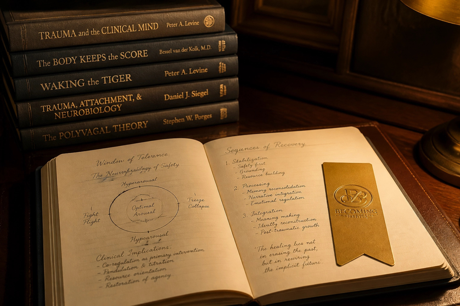 Open clinical journal beside foundational trauma texts, with a Becoming Institute gold bookmark