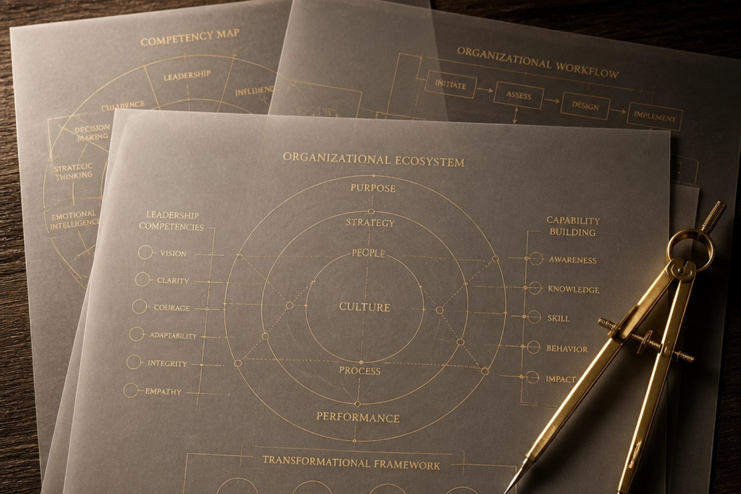 Layered vellum frameworks for organizational ecosystem, competency map, and workflow, with a gold compass