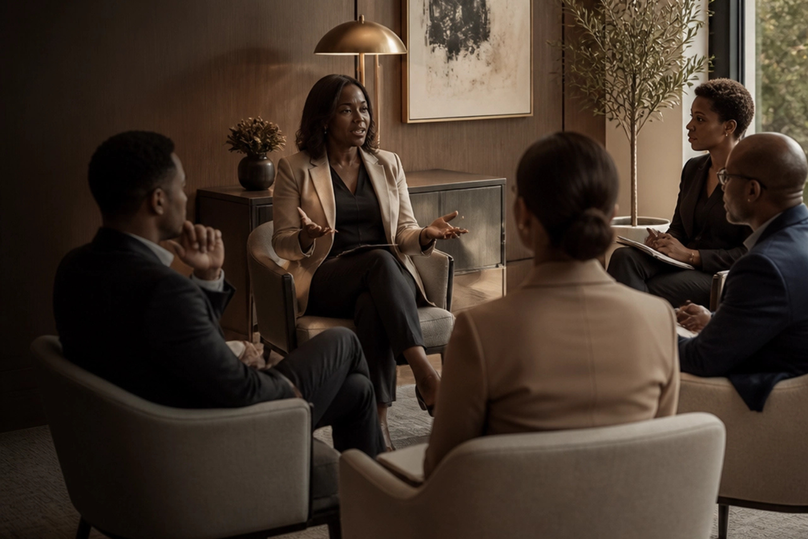 A facilitator leads a small-group trauma-informed workplace training session in a warm-toned conference room.