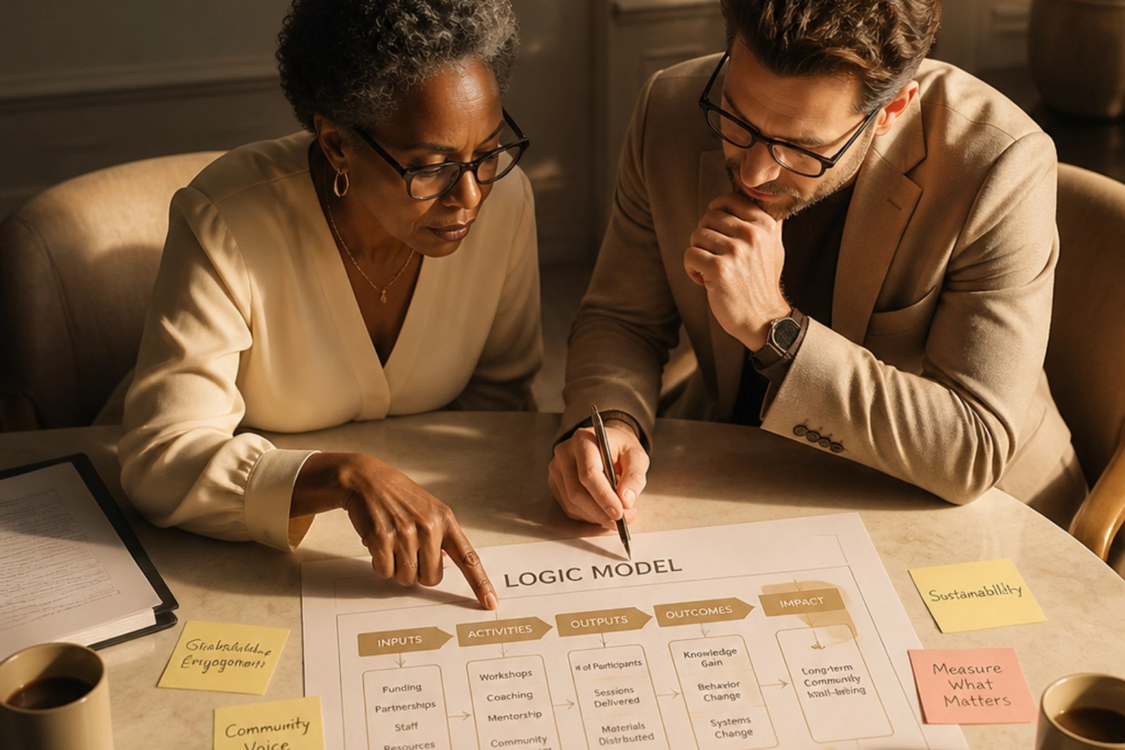 Two evaluators review a printed logic model with annotated sticky notes during a working session.