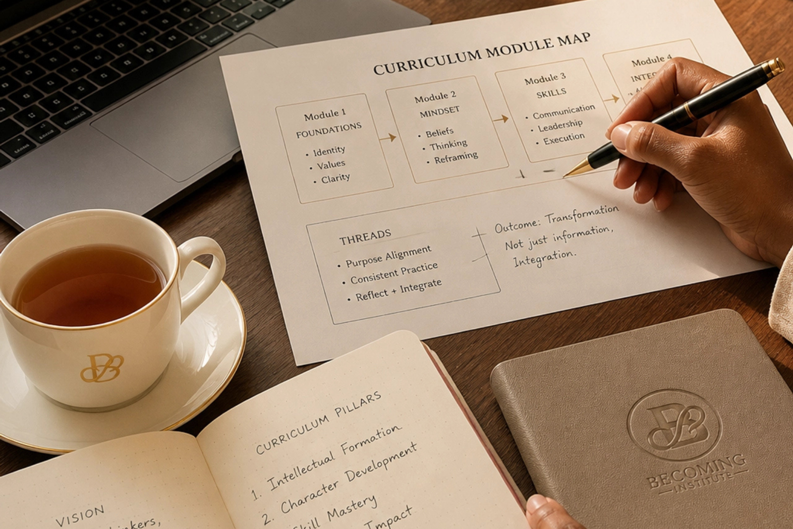 A hand annotates a curriculum module map alongside an open notebook embossed with the Becoming Institute mark.