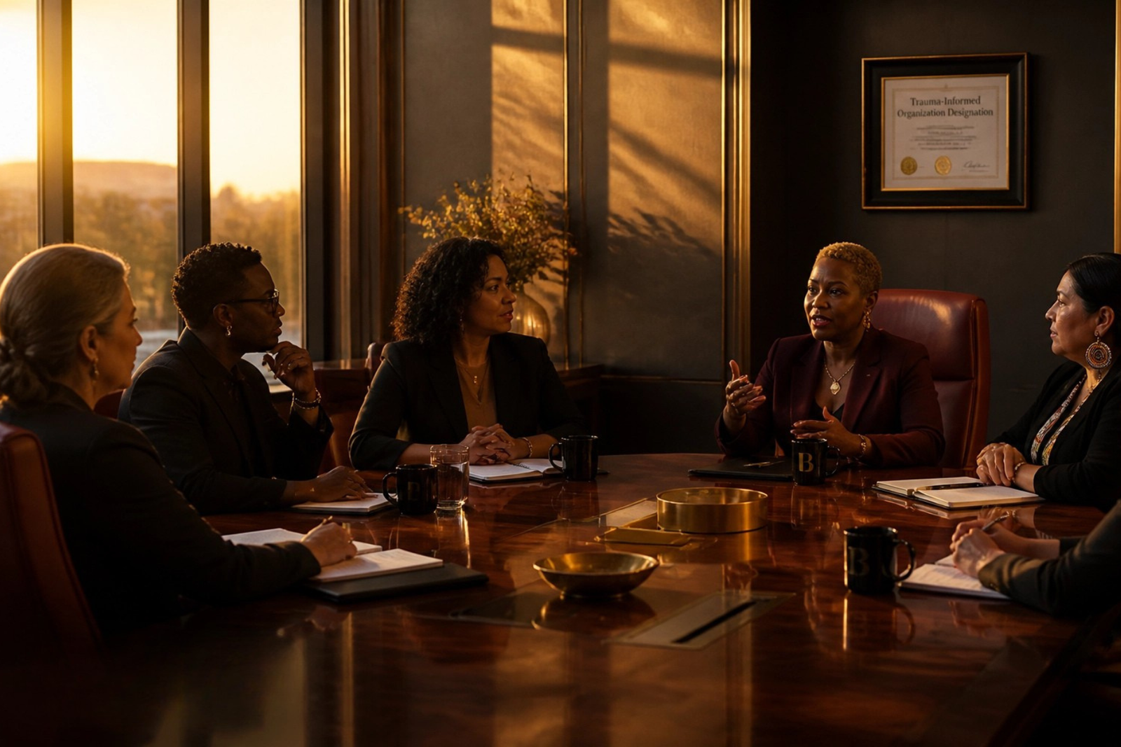 A leadership team in a warm-lit boardroom beneath a framed Trauma-Informed Organization Designation certificate.