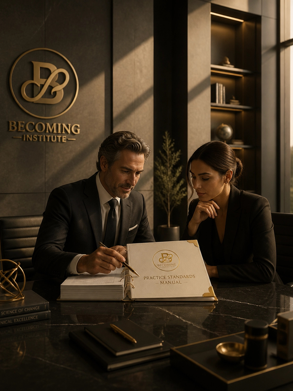 Two clinicians reviewing the Becoming Institute Practice Standards Manual at a polished desk, beneath the Becoming Institute monogram.