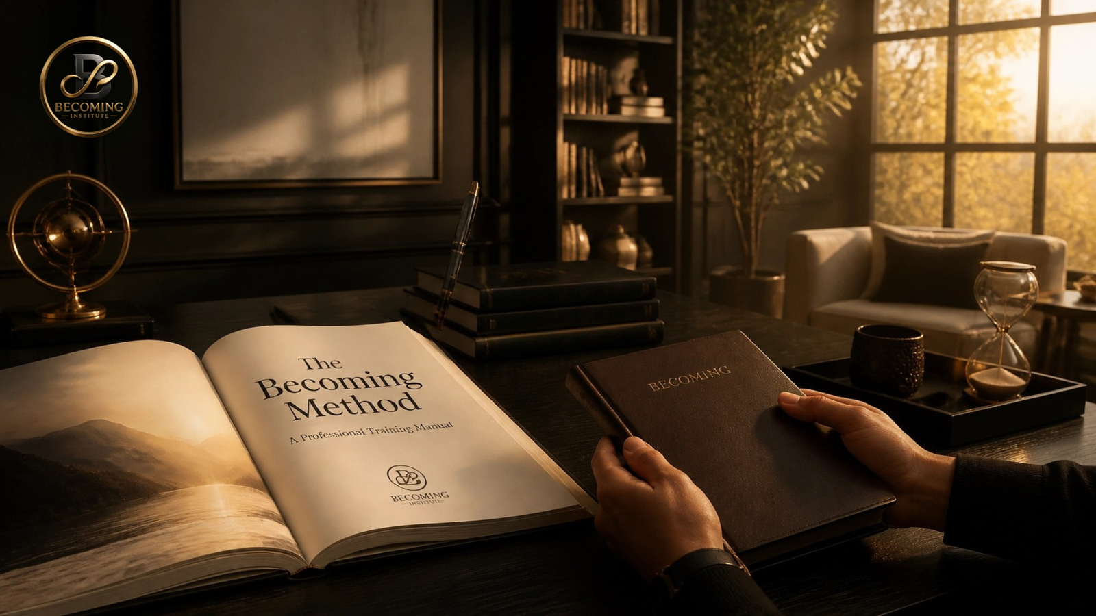 The Becoming Method® Practitioner Manual open on a scholarly desk in warm institutional light.