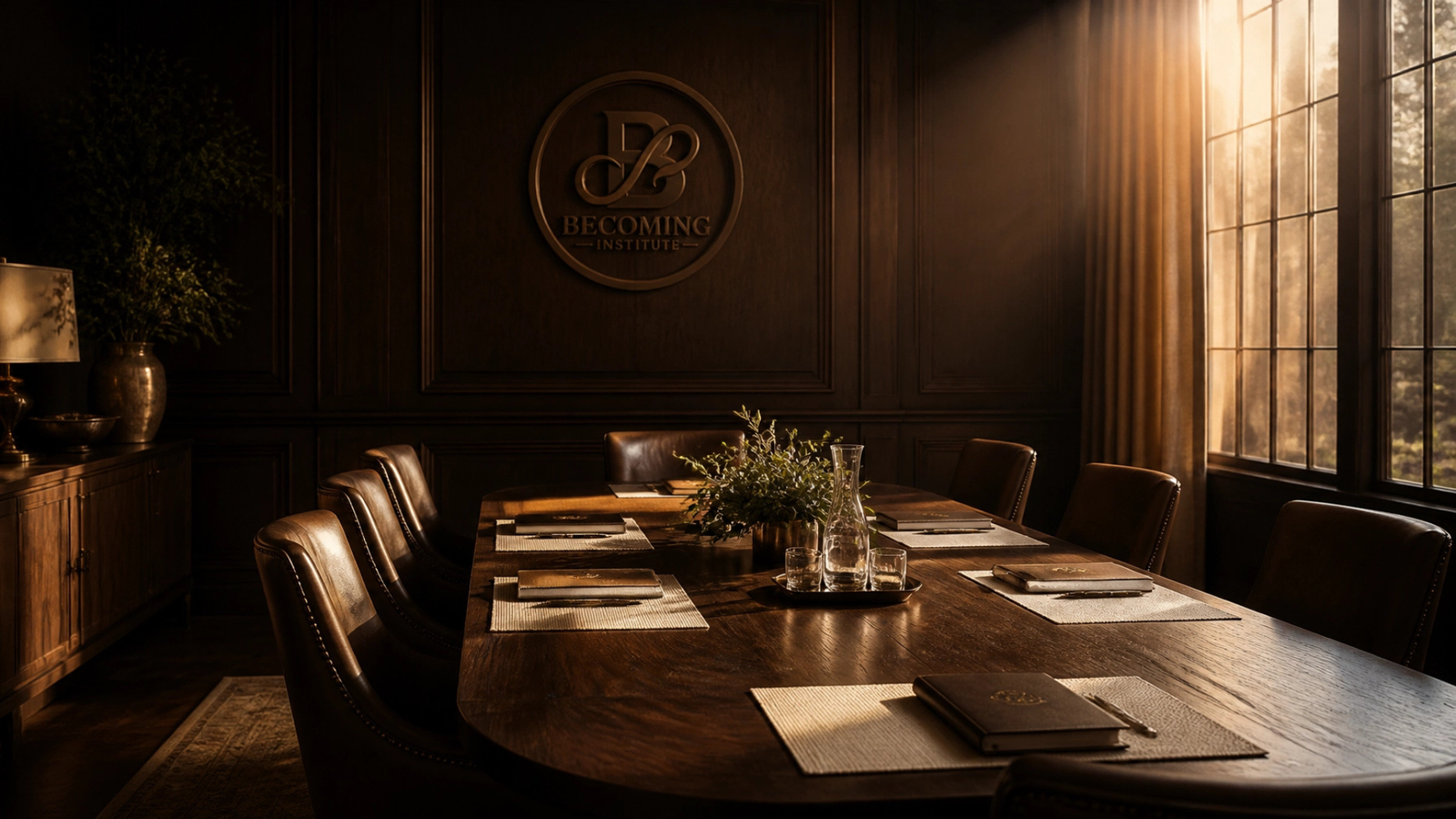 A warm walnut boardroom set for a meeting, with leather chairs, notebooks at each place, and a Becoming Institute medallion etched into the back wall