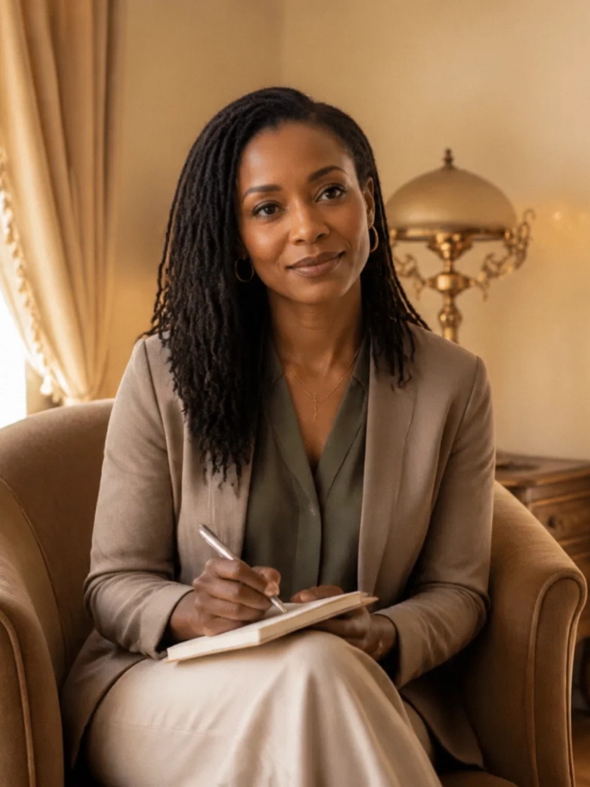 A Black woman clinician seated in a warm lamp-lit room with a notebook in her lap.