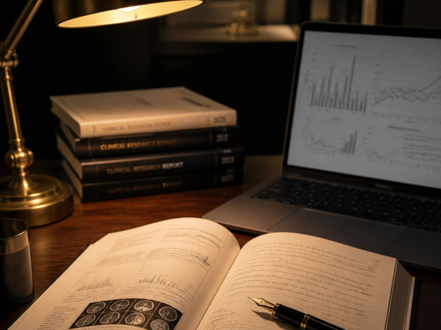 A senior researcher&rsquo;s desk &mdash; brass lamp, stacked bound clinical research reports, open journal with handwritten notes and small charts, laptop with dashboards in soft focus