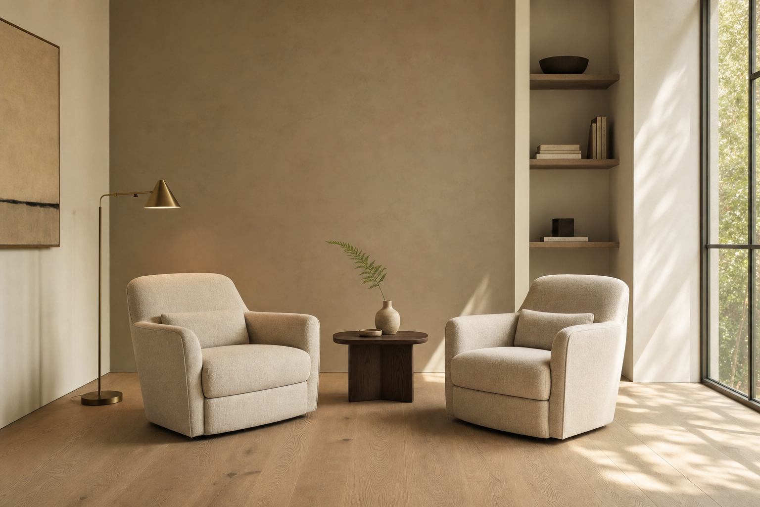 Two upholstered armchairs facing each other across a small walnut table — a quiet advisory conversation room