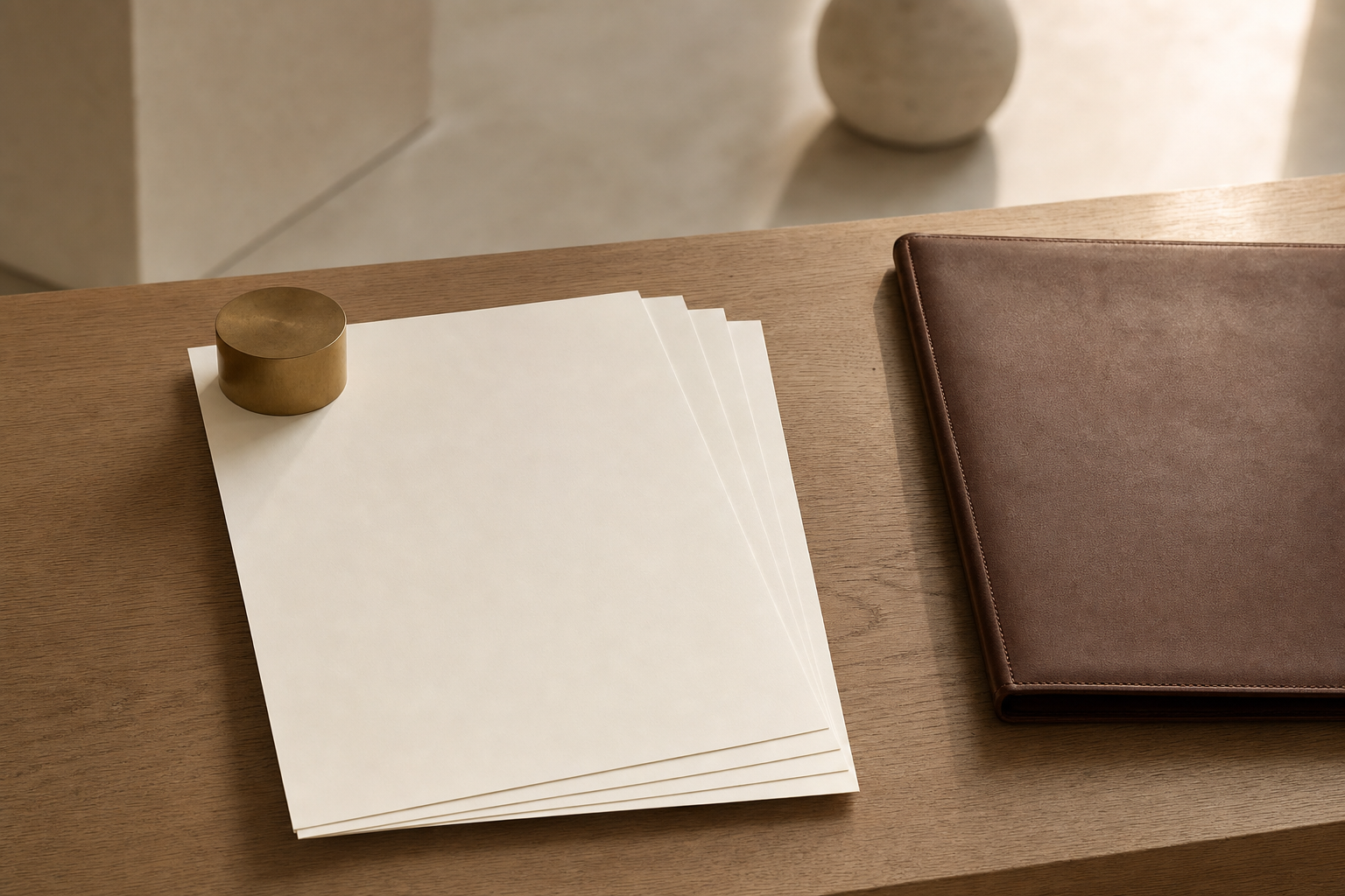 Architectural still life of blank documents and a leather portfolio on warm oak — a quiet image of organized readiness