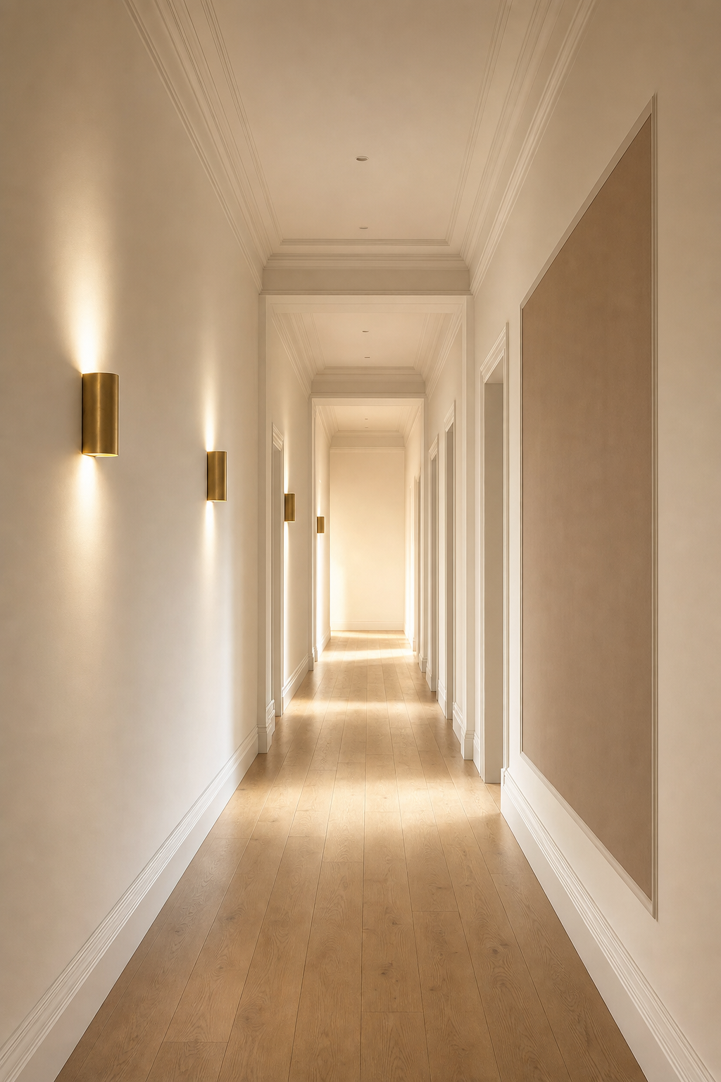 A quiet warmly-lit corridor with brass sconces — the threshold to what comes next