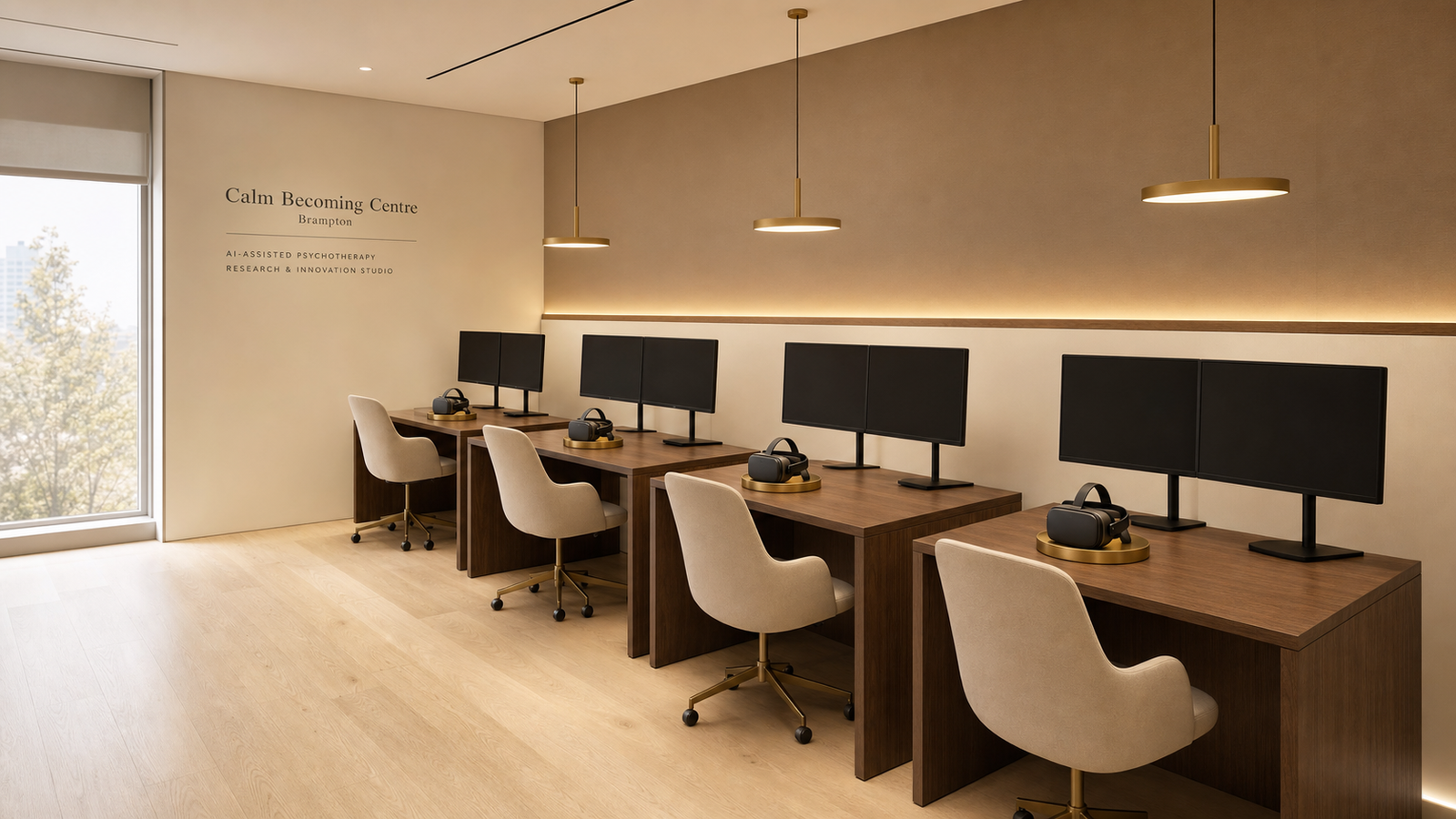 Architectural interior of Zone 4 — AI-assisted psychotherapy research and innovation studio at the Calm Becoming Centre, Brampton