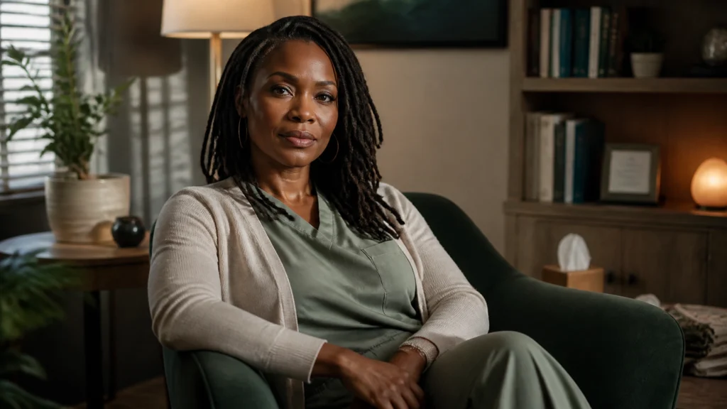 RN psychotherapist in Ontario sitting calmly in a therapy chair, modelling grounded presence and therapeutic use of self