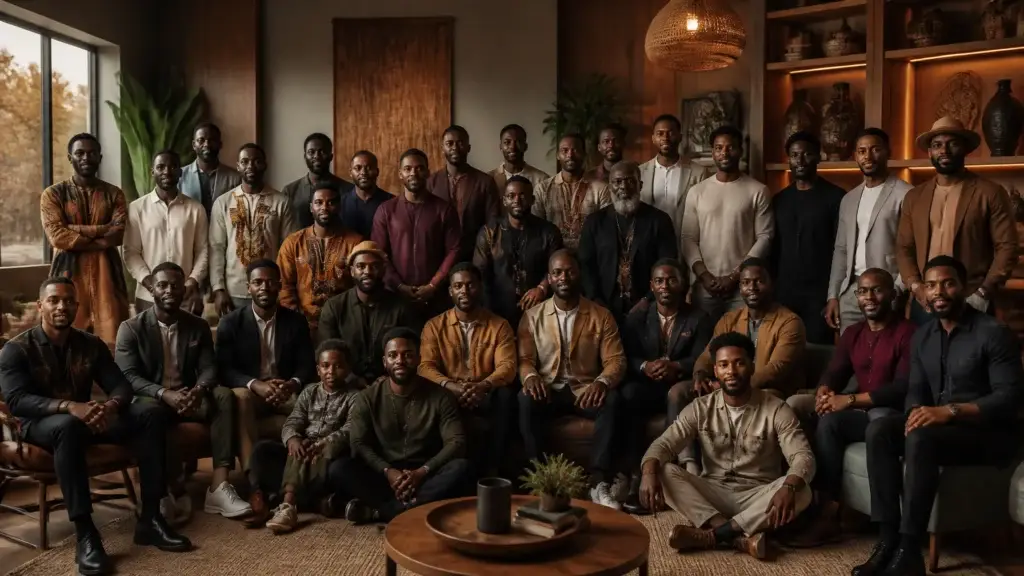 Group of Black men gathered in a warm community space, representing Afrocentric healing and Ubuntu-based mental health support