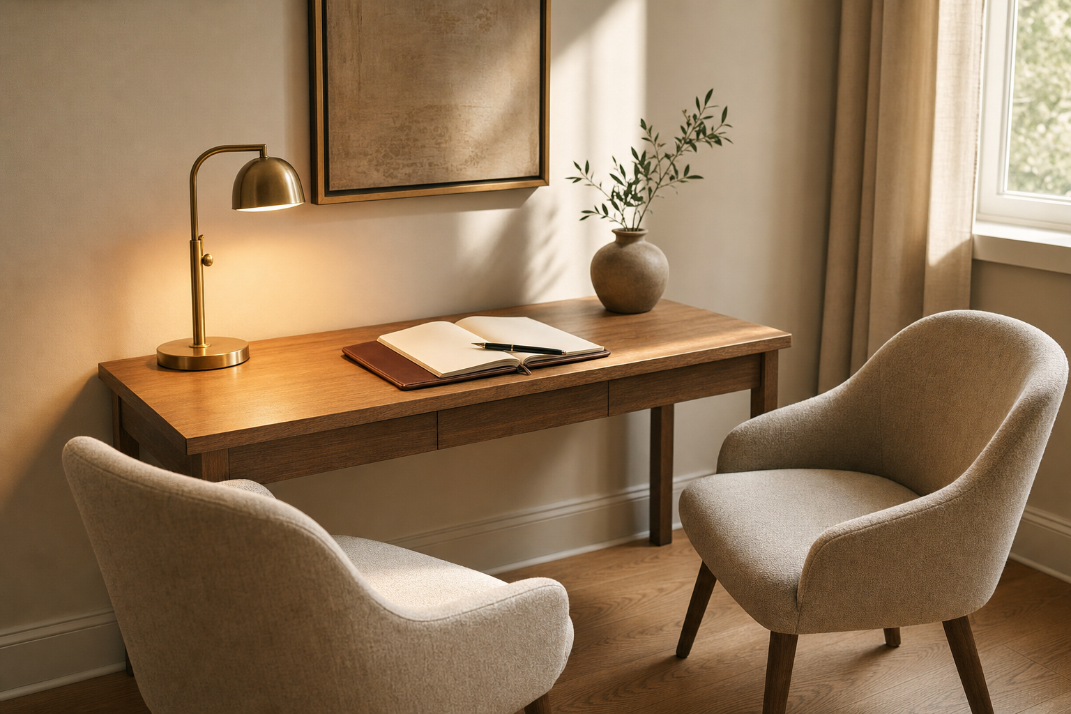A core faculty member in conversation with a student at a quiet desk, warm natural light, neutral palette.