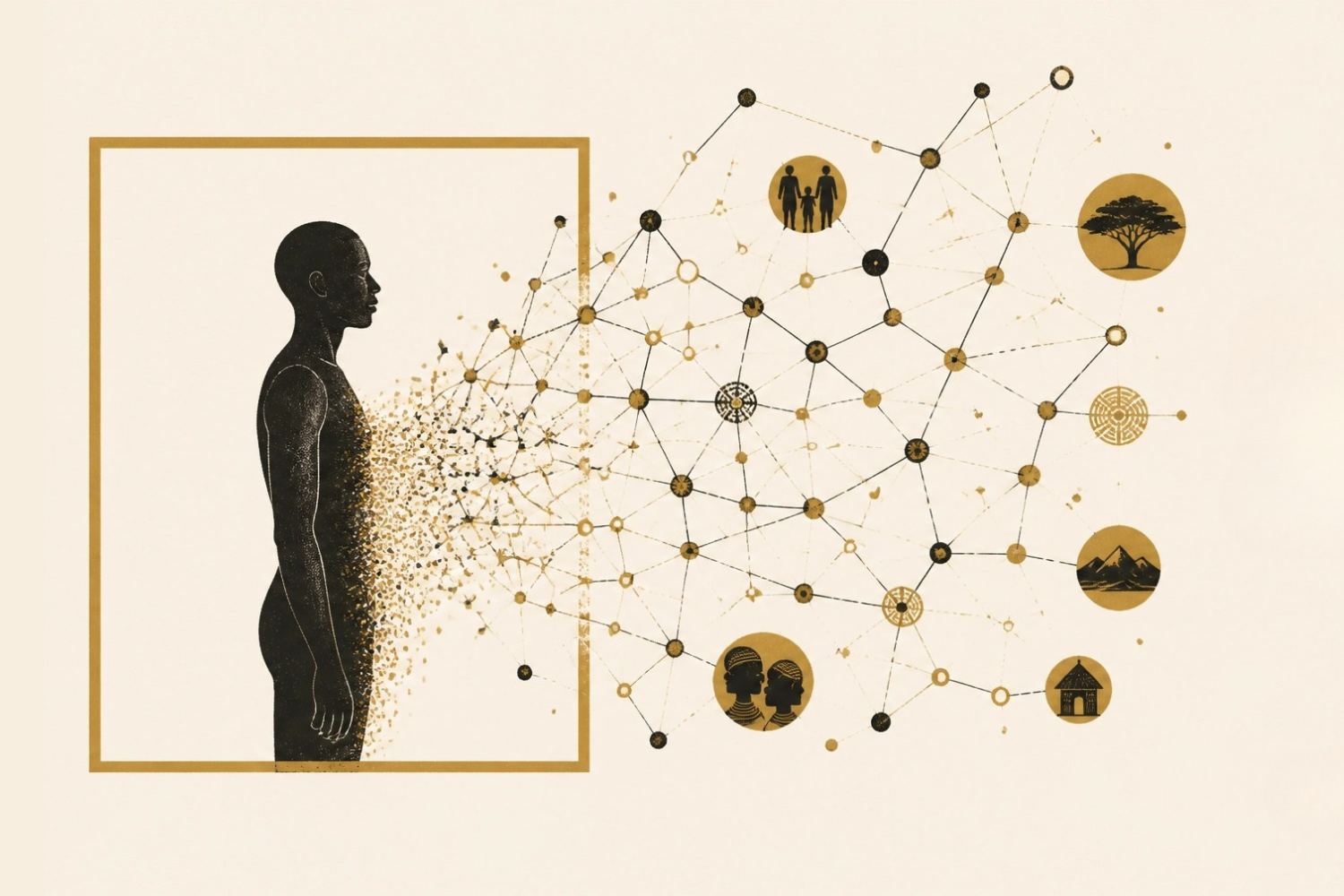 A single figure inside a rigid frame opening into a web of interconnected nodes