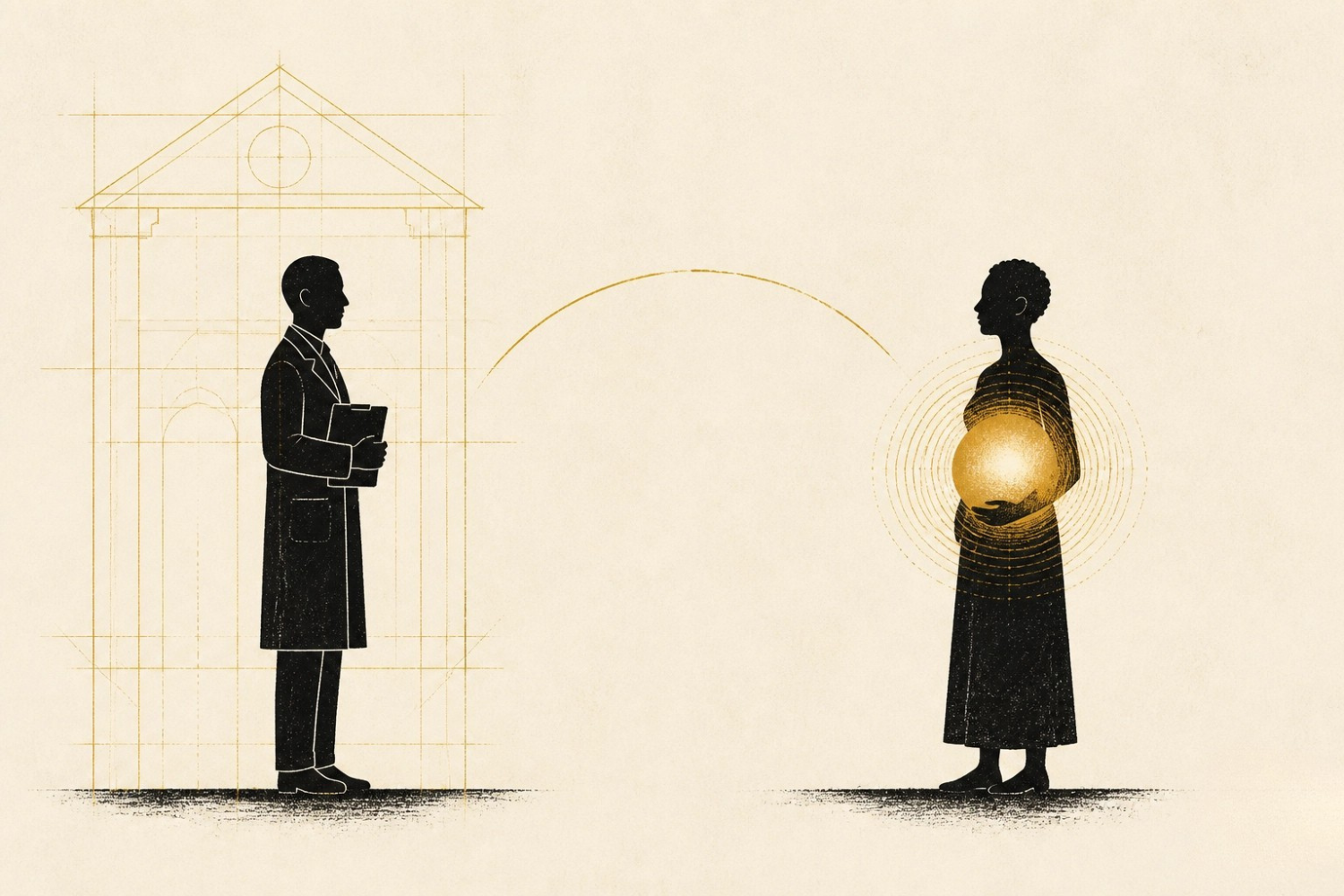A clinician framed inside an institutional building outline, facing a woman carrying her own luminous knowledge