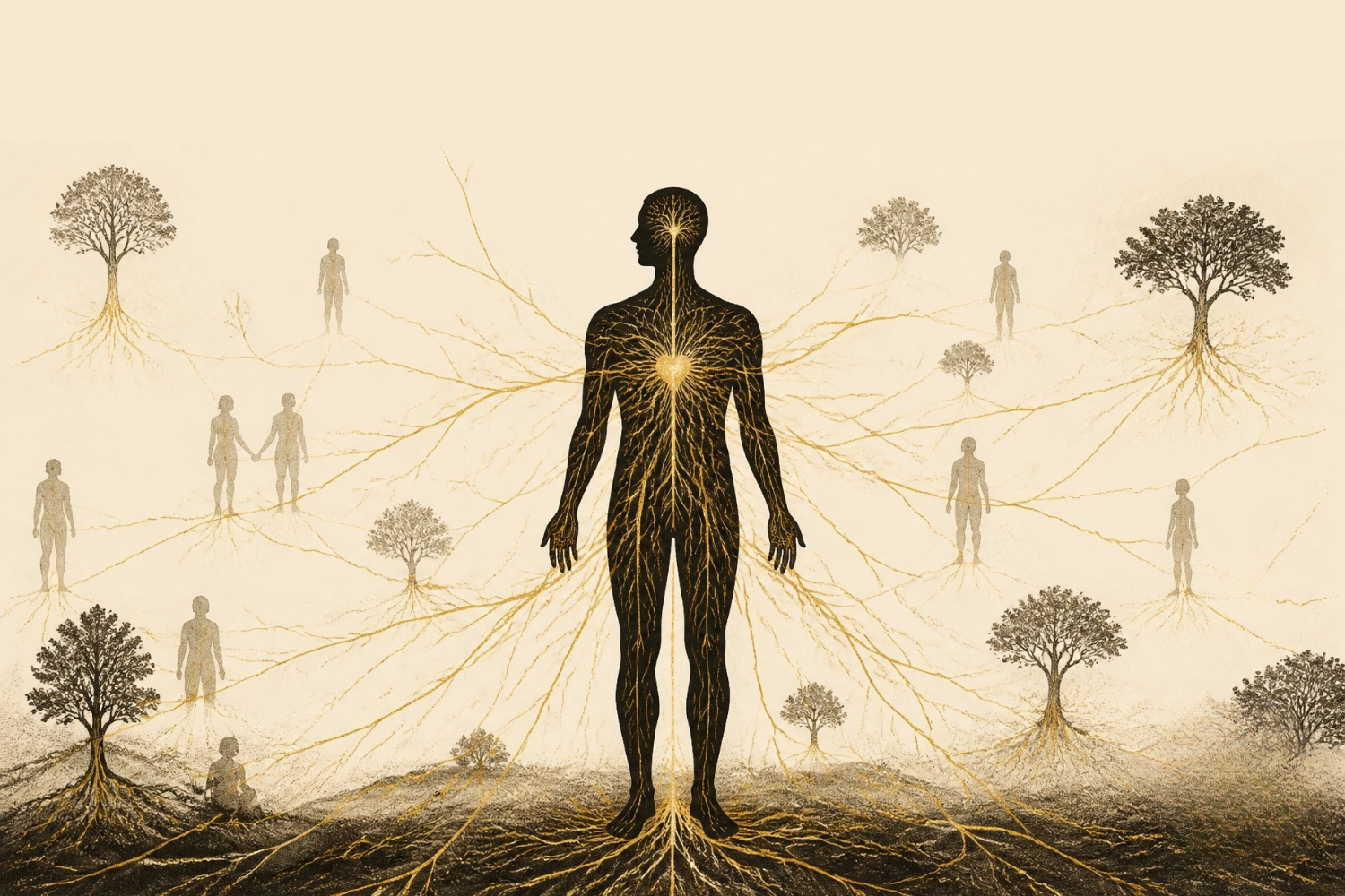 A central figure with a luminous heart, nervous-system lines extending outward to other bodies, trees, and land