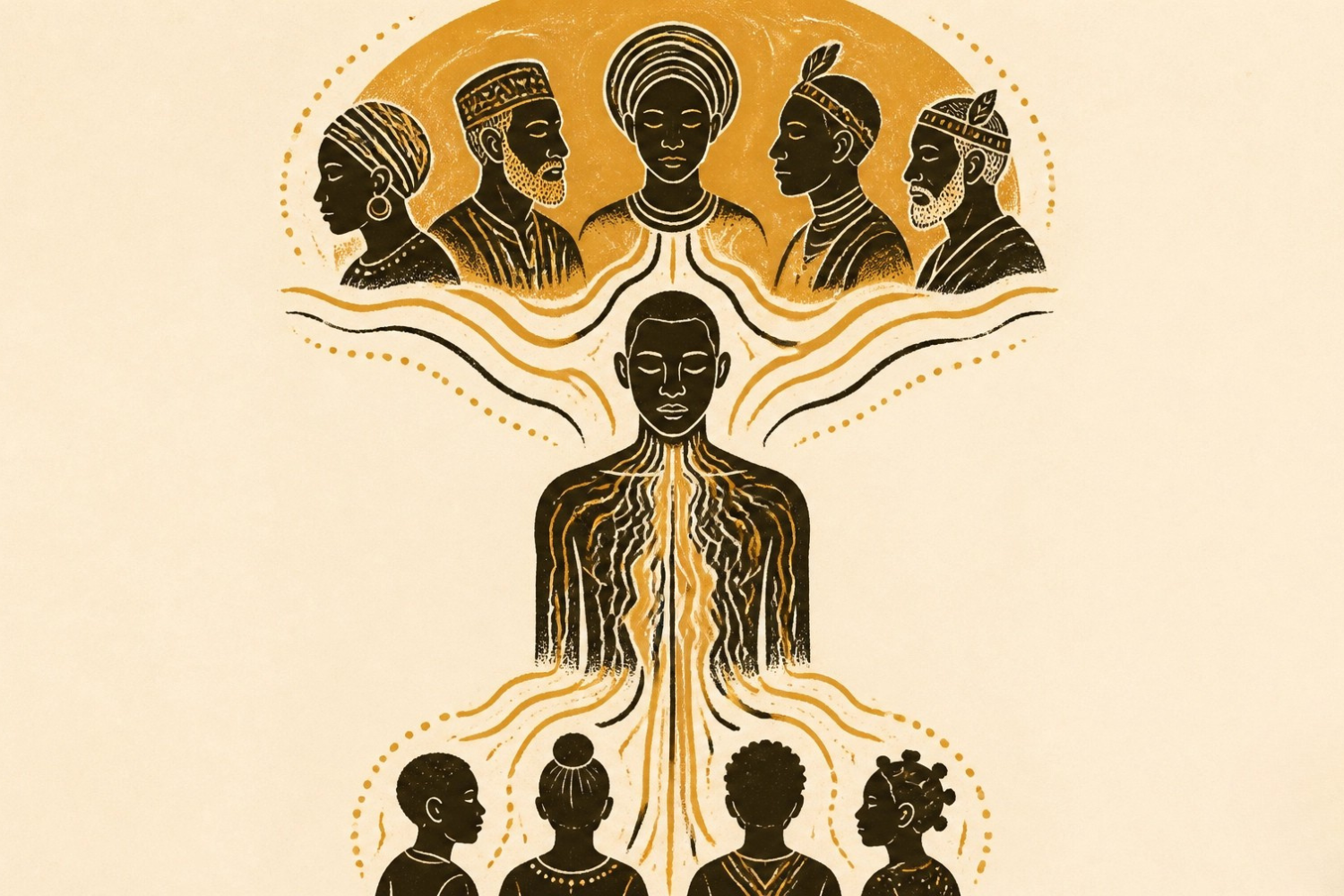 Ancestors above, descendants below, the present figure in the middle, golden streams running through them