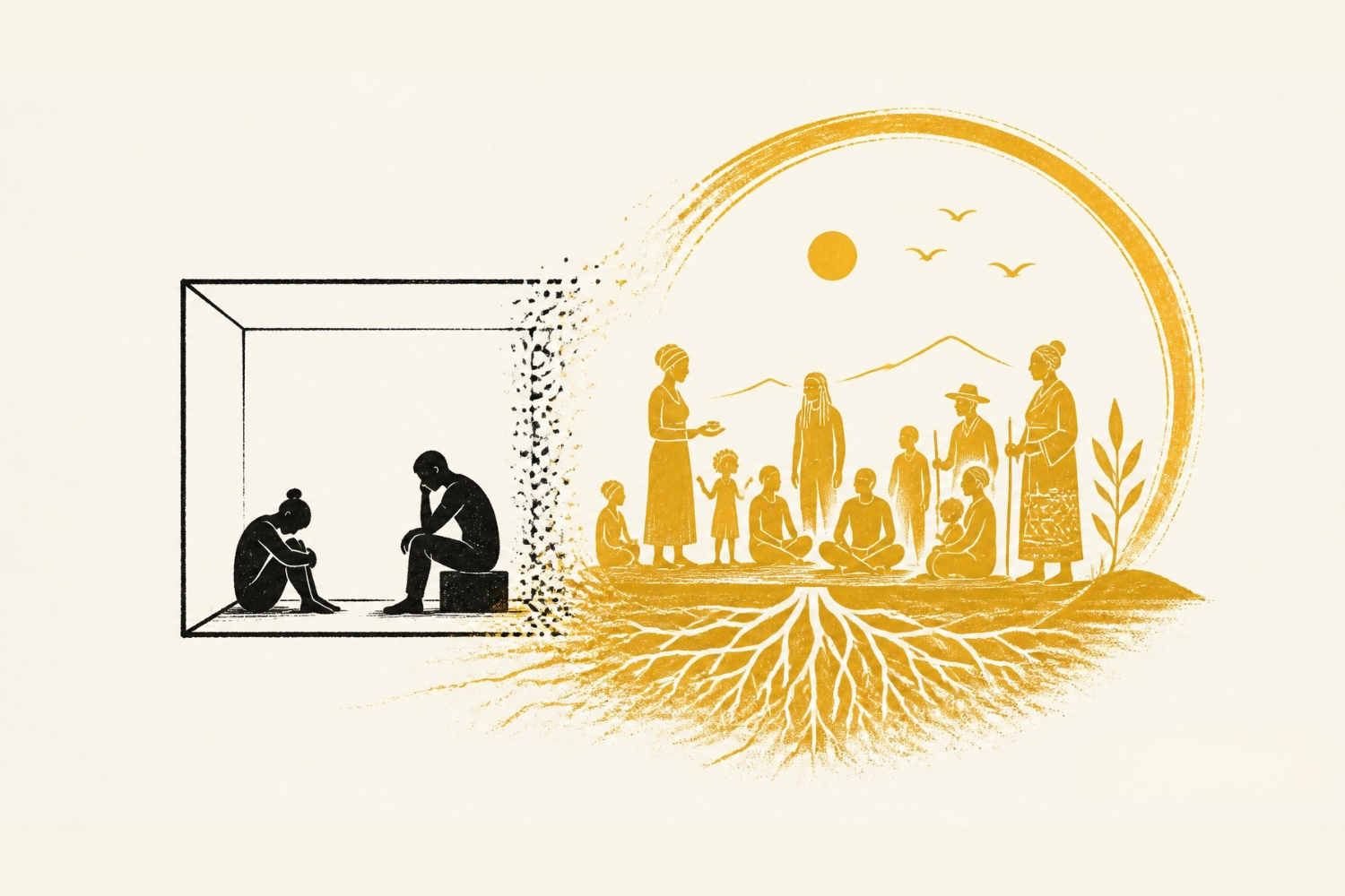 Two figures in a small closed room opening outward into a circle of community elders, children, and ancestors