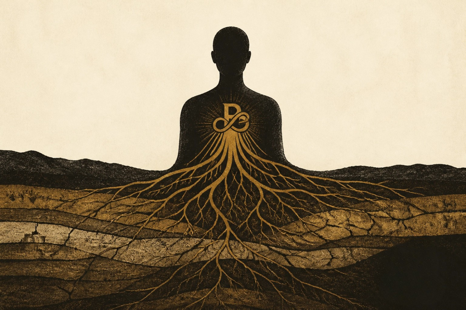 A meditating figure whose roots descend into layered, cracked historical ground