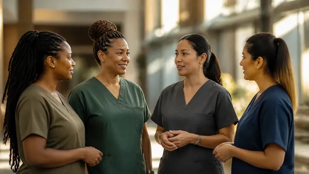 Nurses in scrubs discussing psychotherapeutic nursing training together in a hospital corridor
