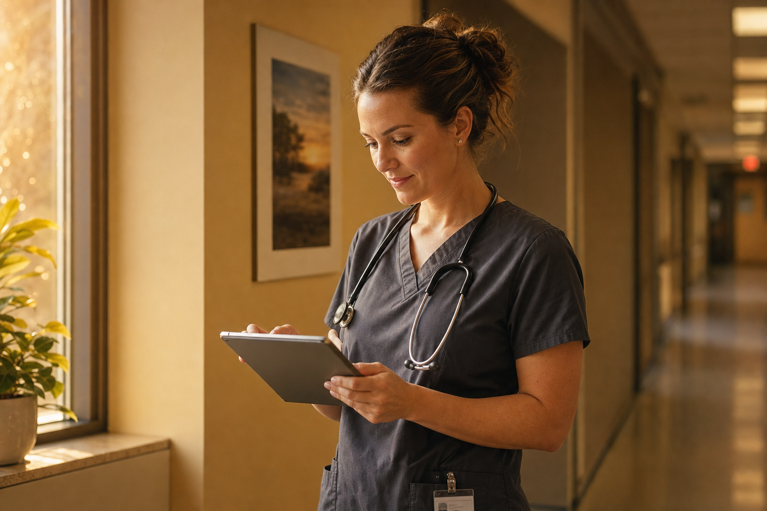 A nurse reviewing a patient chart on a tablet in a hospital corridor.