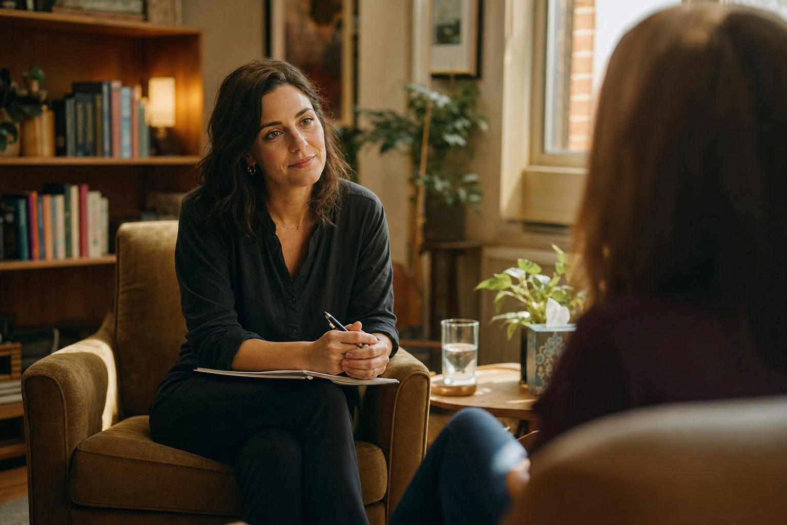 A psychotherapist listening attentively during a counselling session.