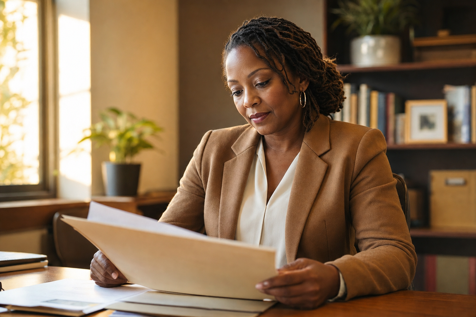 A social worker reviewing a case file at her desk in a warmly lit office.