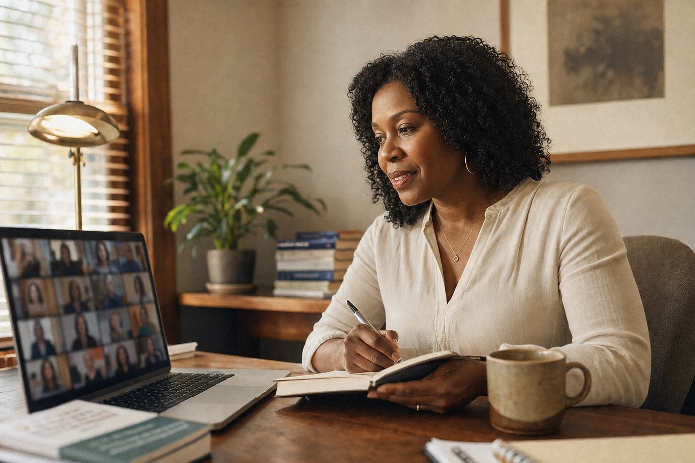 A Black female psychotherapist writing in a notebook at a warmly lit home office desk while participating in a virtual integration session on her laptop.