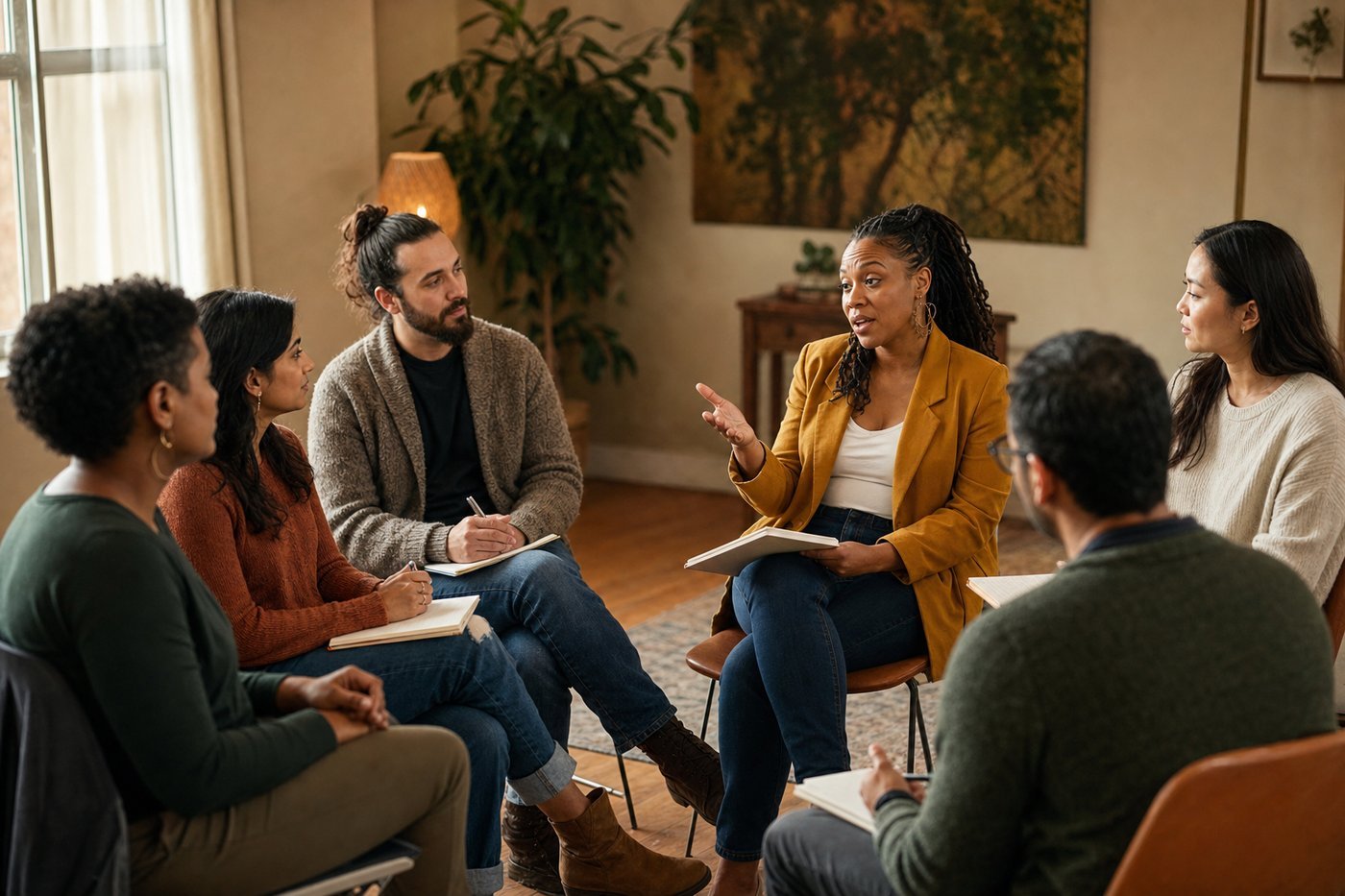 A diverse group of adult mental-health practitioners in a warmly lit workshop room, engaged in facilitated reflection led by a Black female facilitator in a mustard-gold blazer.